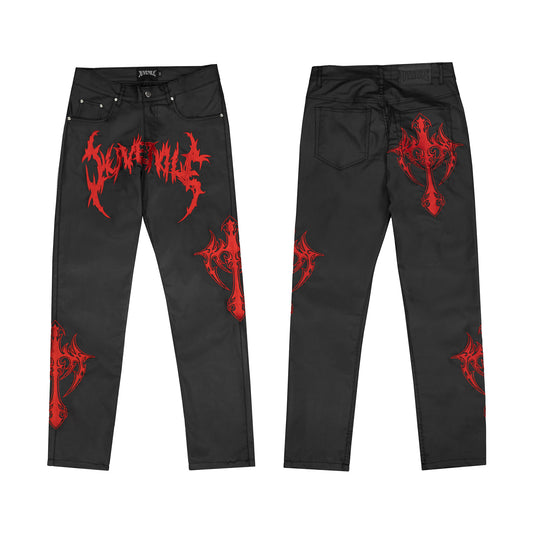 EMBROIDERED LOGO JEANS (BLACK/RED)